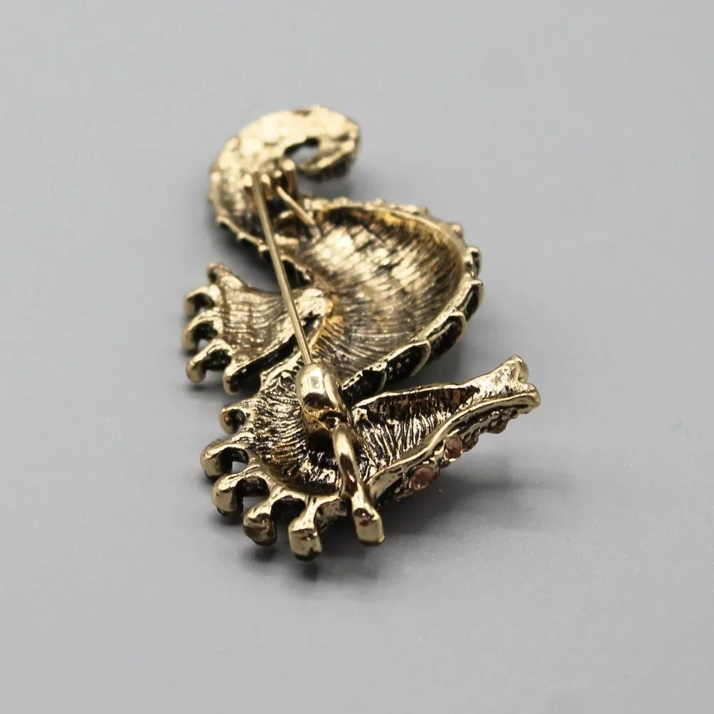 Jewelry pin brooch seahorse water animal crystals gold tone brown green new